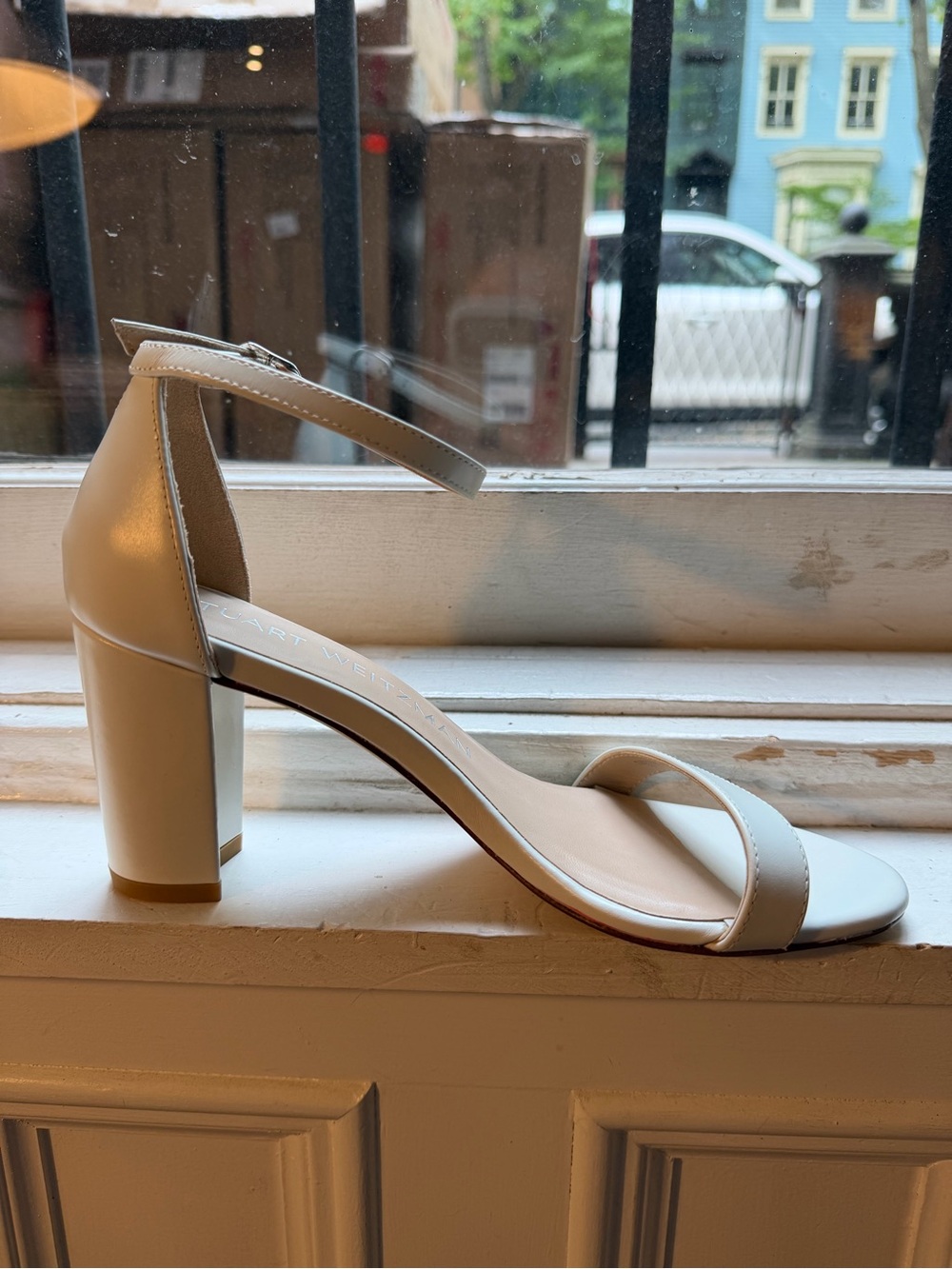 Stuart Weitzman White Ankle-Strap Block Heel Sandal
